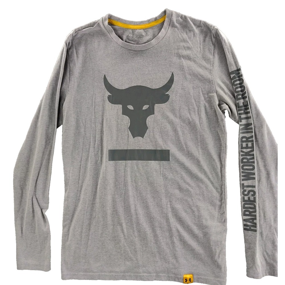 Project Rock Under Armour Shirt Mens Small Gray Long Sleeve Loose Stretch Bull